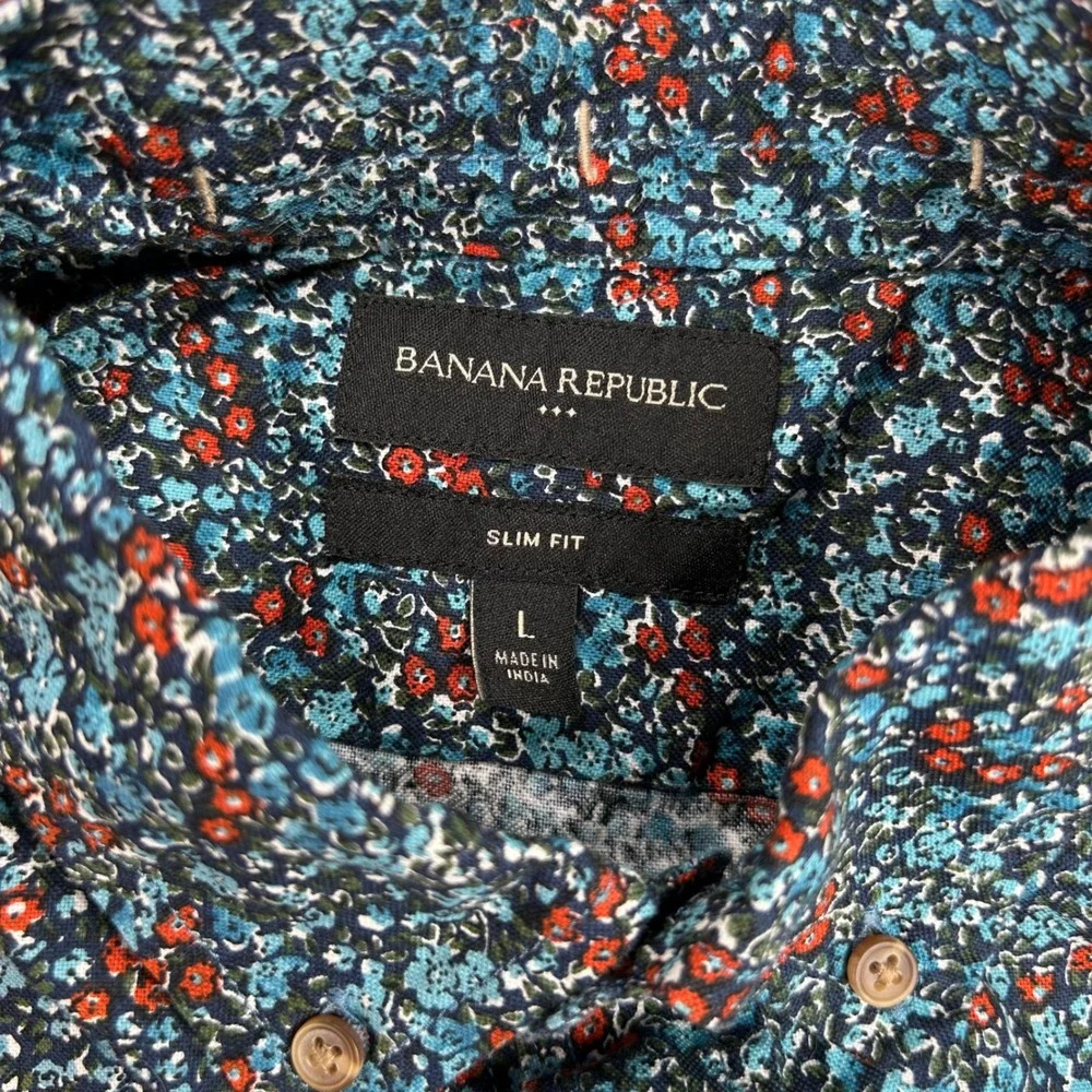 Banana Republic Mens Slim Fit SS Oxford Floral Button Down Shirt Blue Orange L